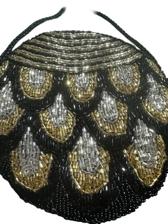 Vintage 90s Black Gold Silver Beaded Tassel Round Mini Purse w/ Rope strap - Picture 7 of 9